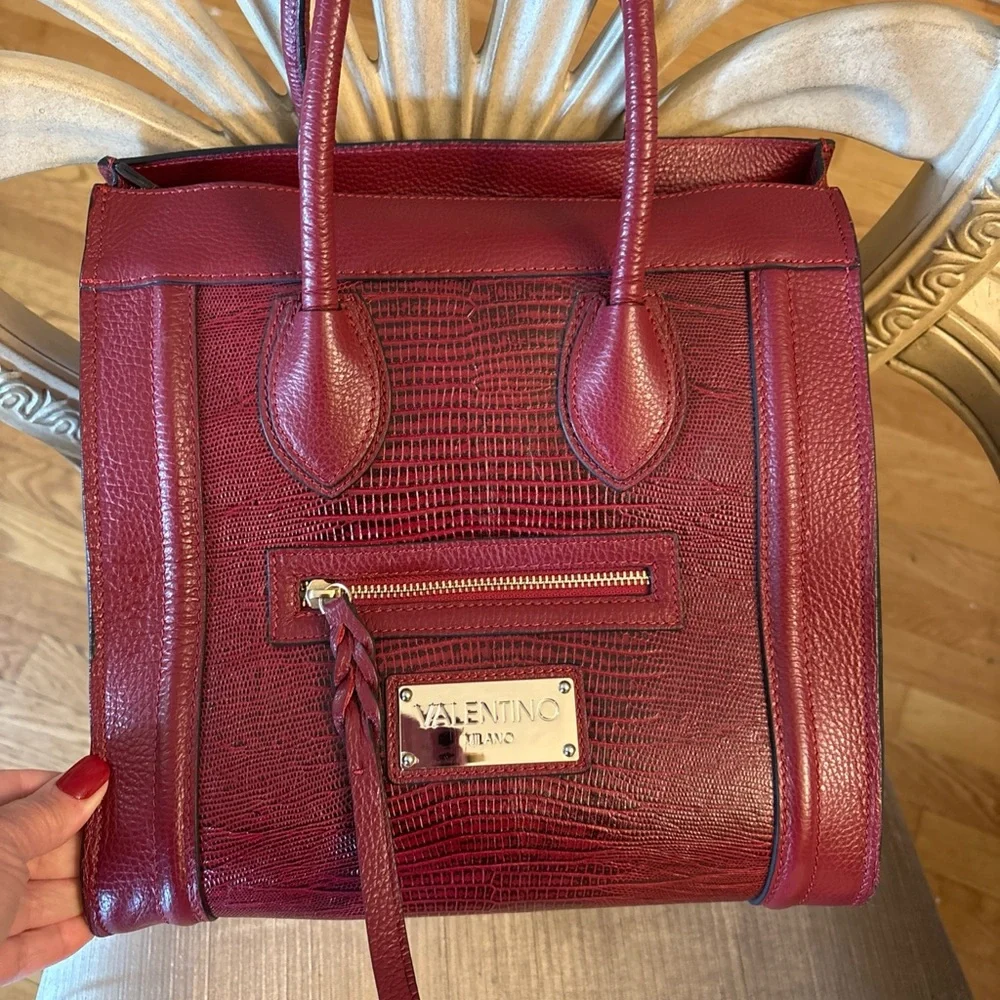 Authentic VALENTINO by Mario Milano Cynthia Red Leather Suede Trapeze Tote Bag